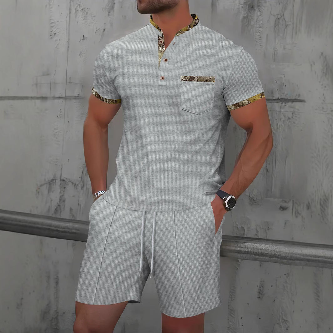 Men's Waffle Zipper Solid Color Polo Collar Short Sleeve Suit