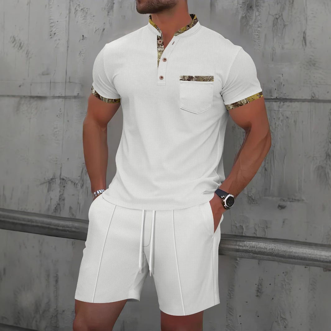 Men's Waffle Zipper Solid Color Polo Collar Short Sleeve Suit