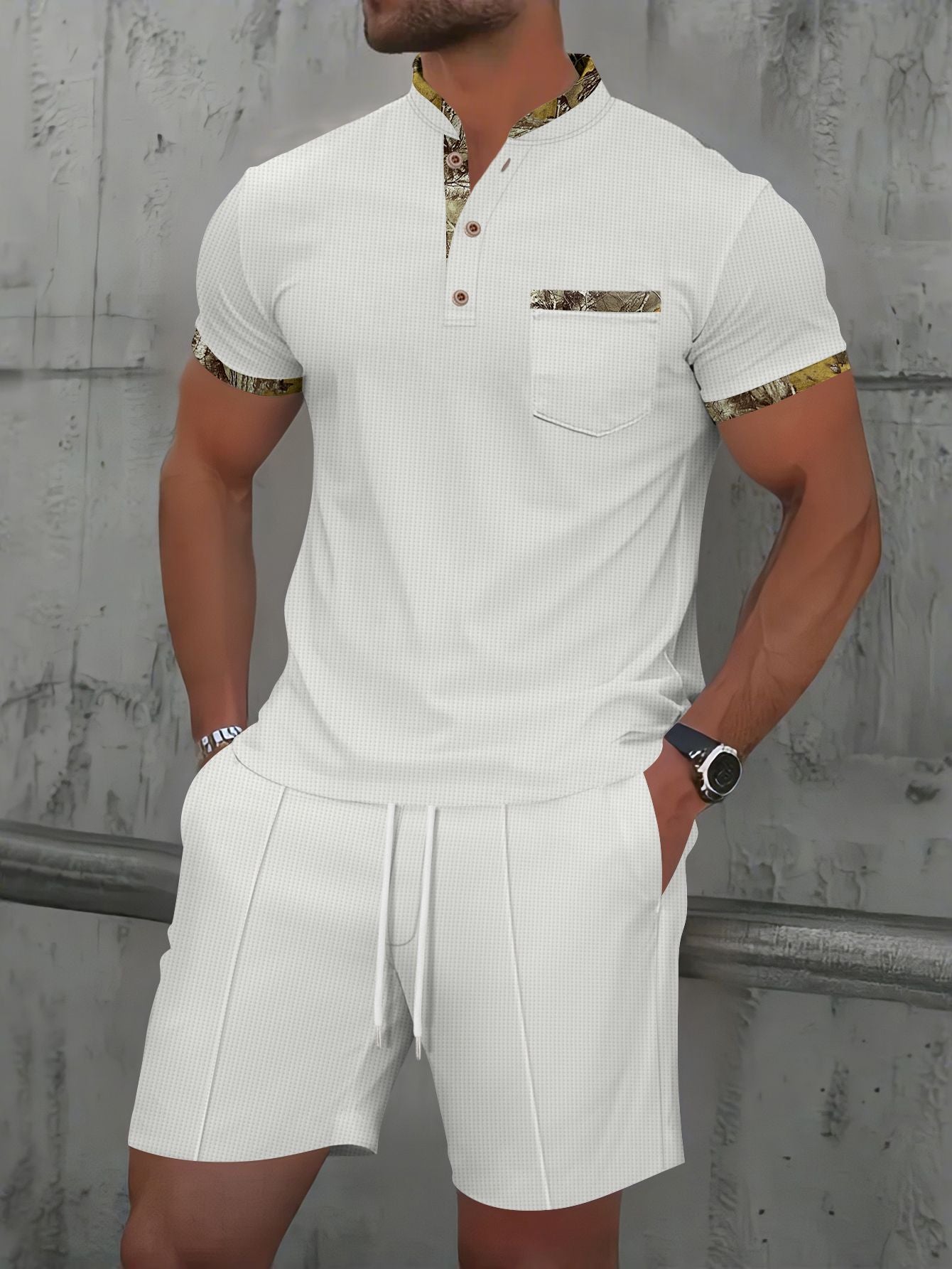 Men's Waffle Zipper Solid Color Polo Collar Short Sleeve Suit