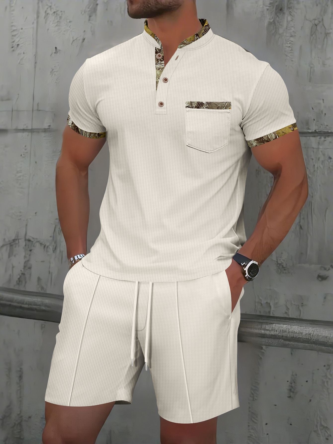 Men's Waffle Zipper Solid Color Polo Collar Short Sleeve Suit