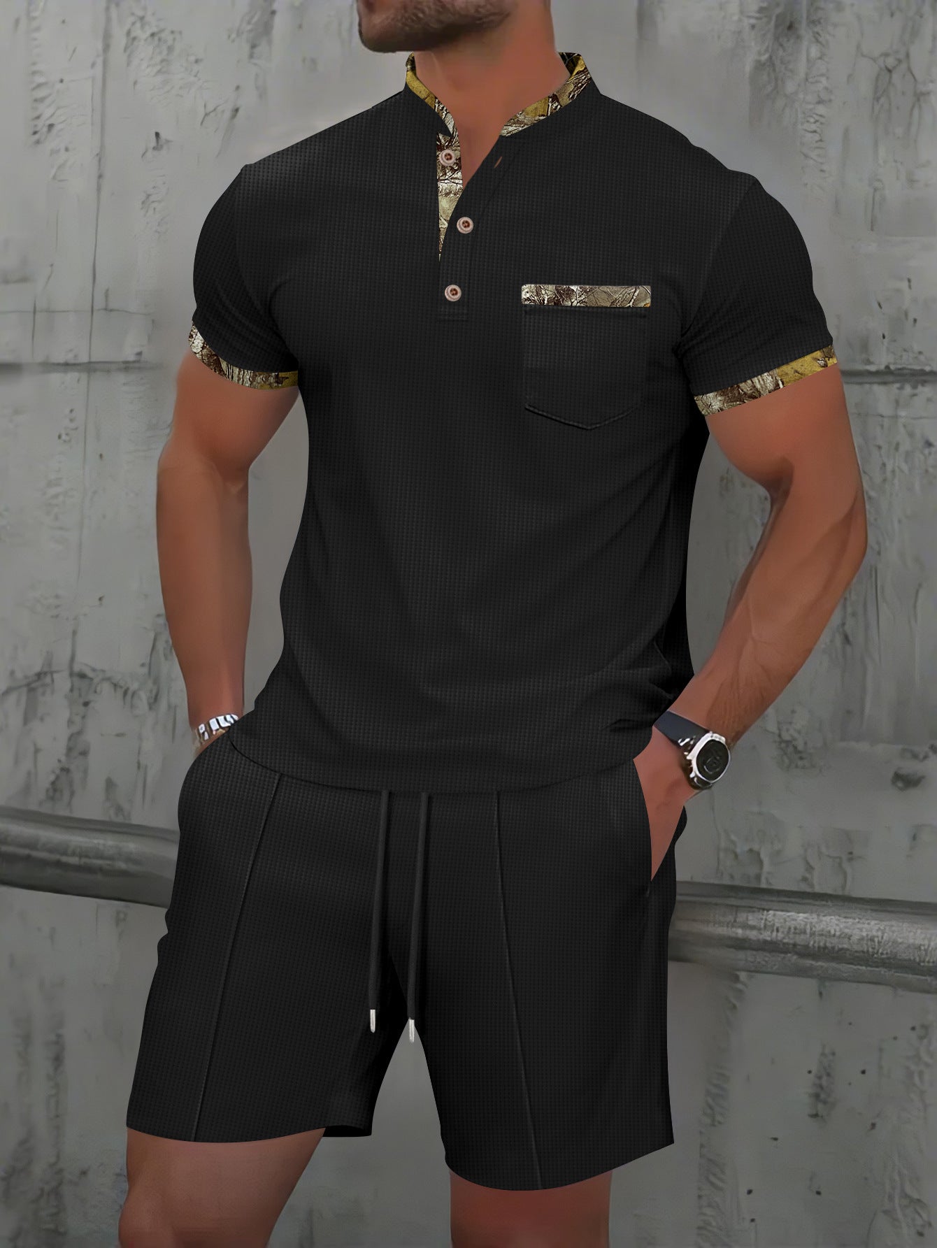 Men's Waffle Zipper Solid Color Polo Collar Short Sleeve Suit